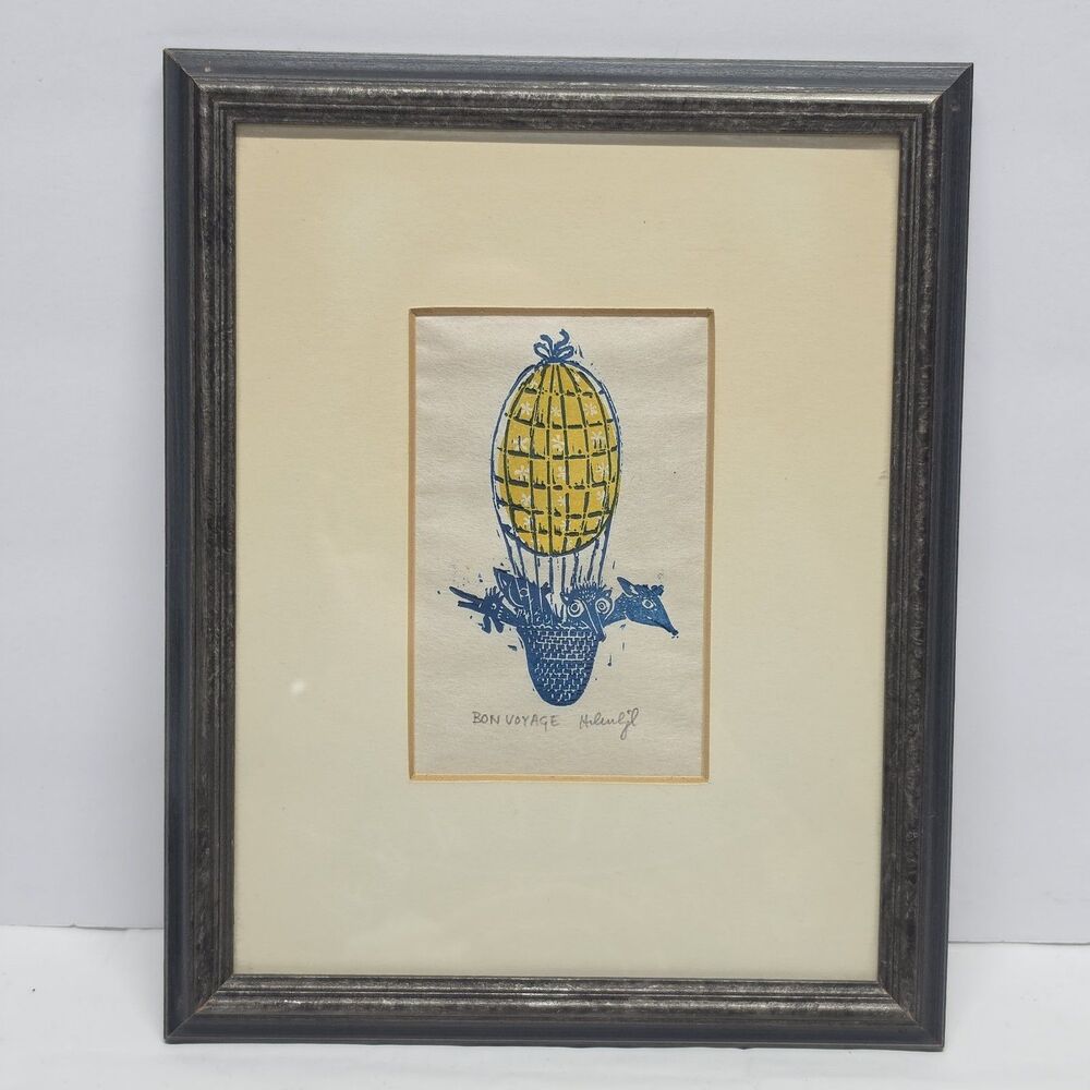 Vintage 70s Helen Siegl Woodcut Print Signed Framed "Bon Voyage" Air Balloon